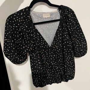 MELLODAY Black and White Puff Sleeve Wrap Blouse